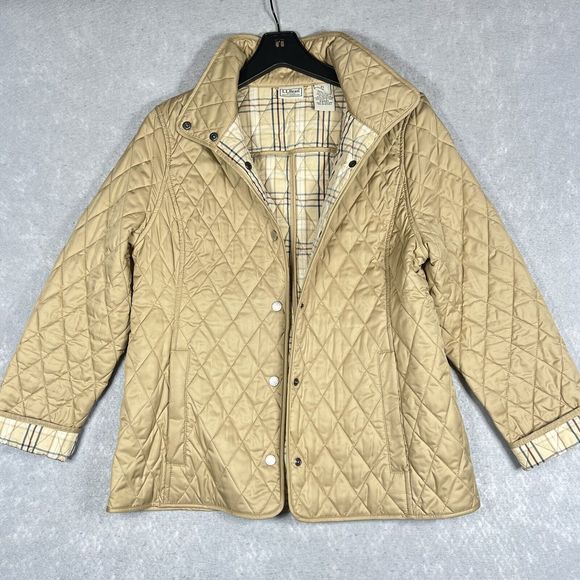 L.L. Bean Jackets & Blazers - L.L.Bean Gold Quilted Jacket Women Small Tan Nova Check Plaid Lined Snap Button